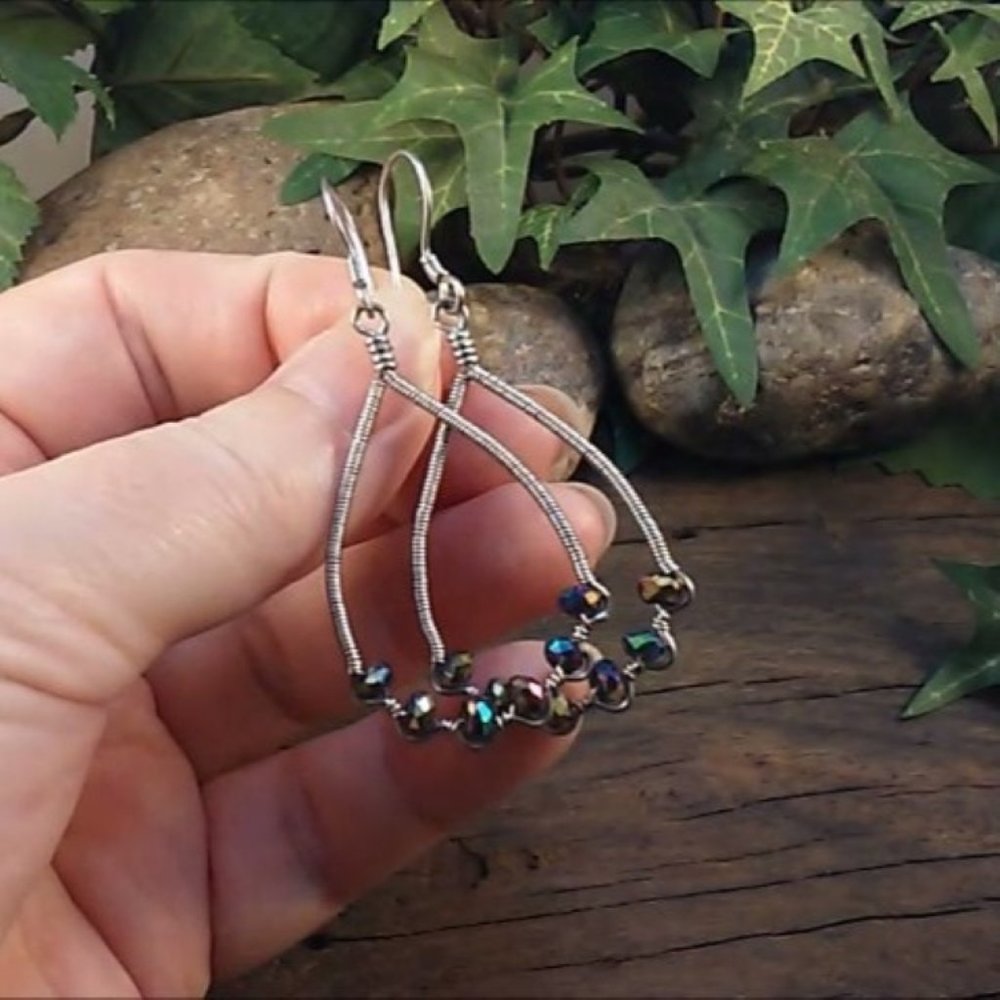 Rainbow Crystals Wire Wrapped ZigZag Teardrop Hoop Earrings - Picture 3 of 5